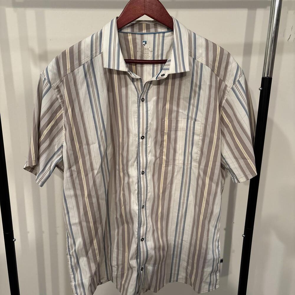 KUHL Short Sleeve Snap-Button Shirt – XL Striped Tan Ivory Blue